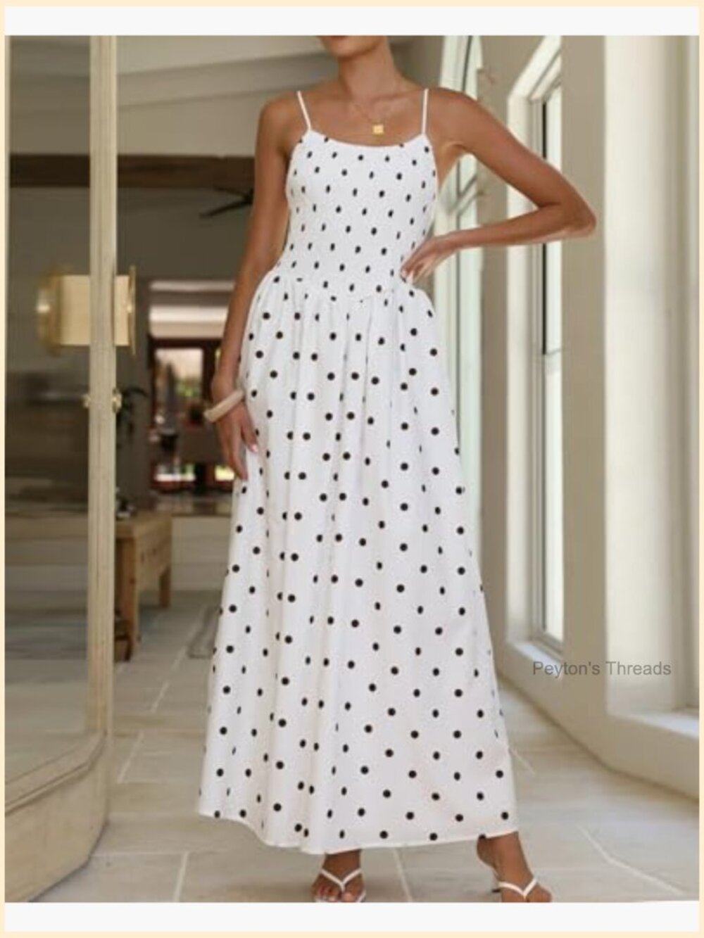 Smocked High Waisted Polka Dot Maxi Dress Spaghetti Strap Flowy Swing Beach - Picture 3 of 6